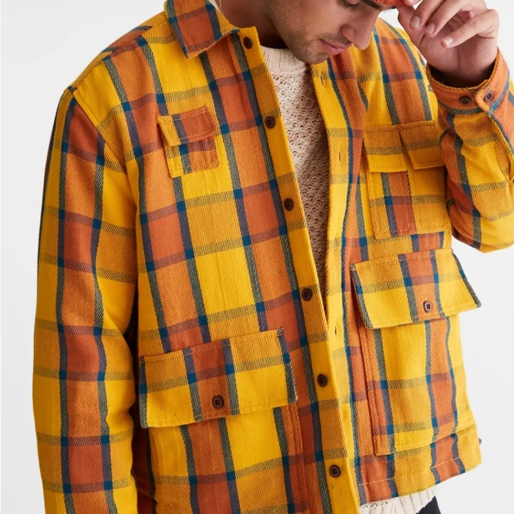 UO orange plaid normcore multi pocket shirt jacket